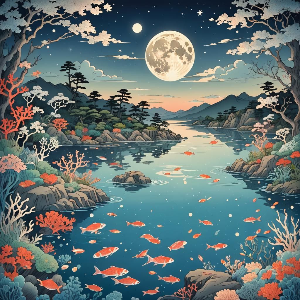 A stunning Ukiyo-e style illustration of an underwater lands...