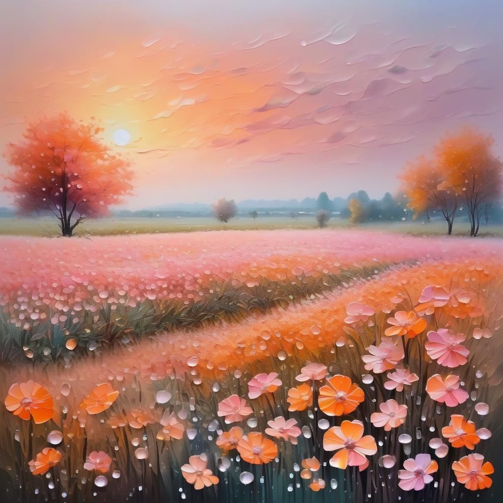 A field of flowers at dawn, pastel orange pink sky , some dr...