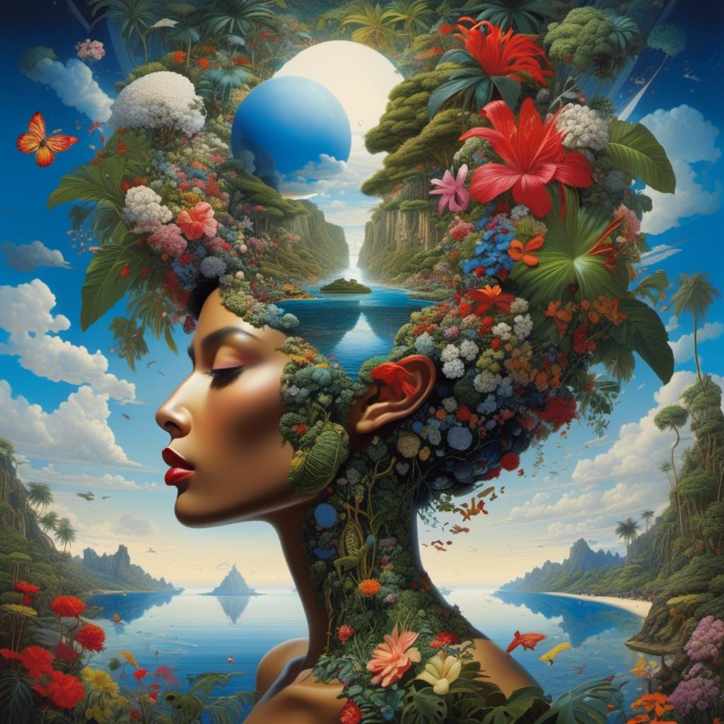 Floral Tropical Island Oasis, by <lora:Mindfulness:1.0> hyperdetailed, Tropical-bound surreal Polynesian head painting, 8k resolution. Insid...