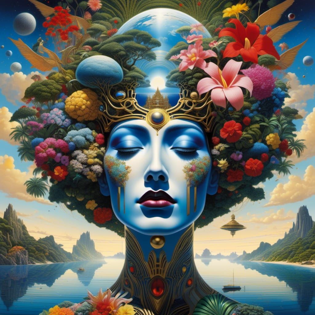 Floral Tropical Island Oasis, by <lora:Mindfulness:1.0> hyperdetailed, Tropical-bound surreal Polynesian head painting, 8k resolution. Insid...