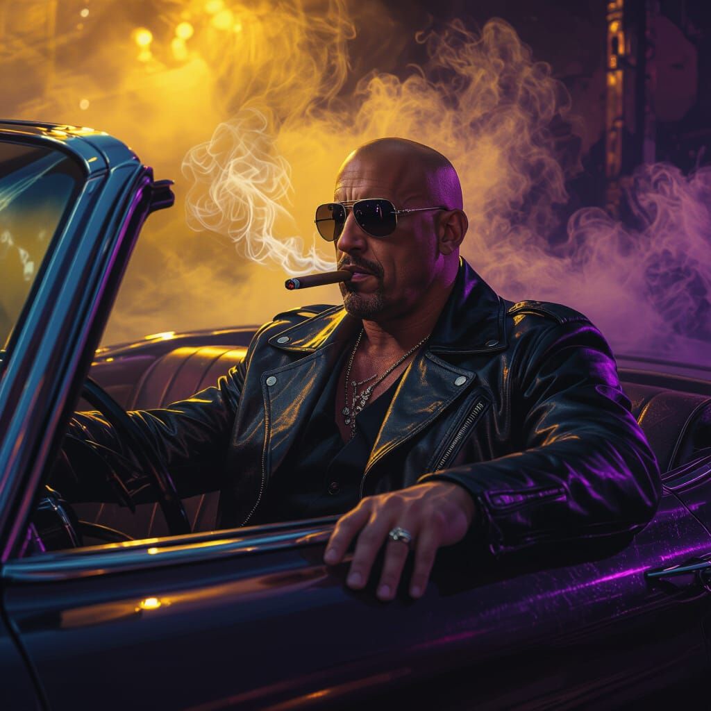Vin Diesel in Vintage Car, Dark Fantasy Concept Art