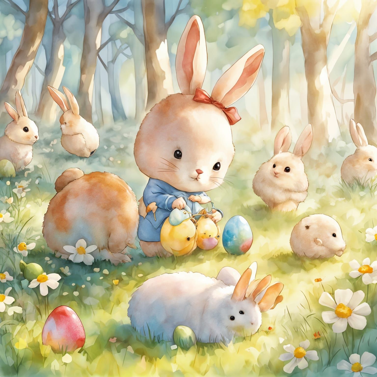 Easter Rabbits Coloured Eggs Little Chicks Art
