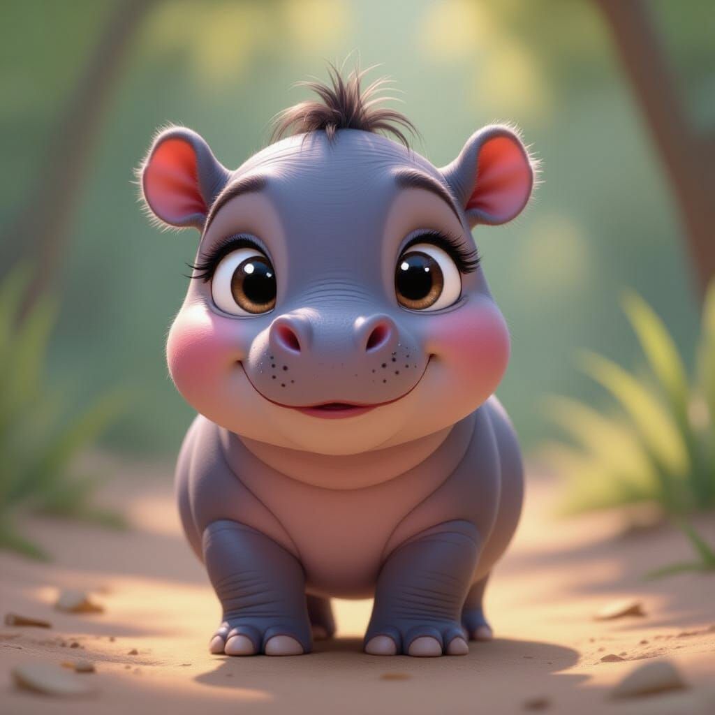 Adorable Hippo with Sparkling Eyes in Pixar Style