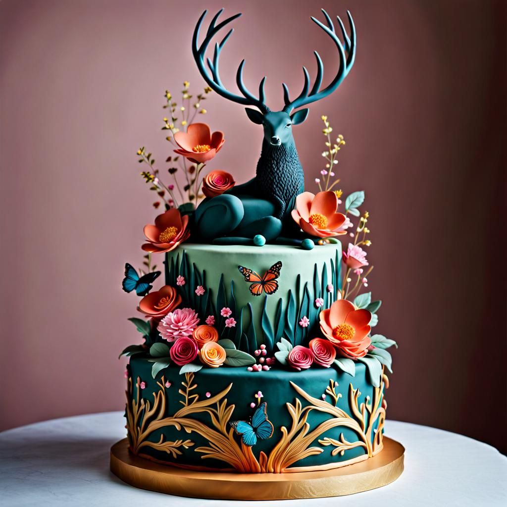 Majestic deer cake sculpture in an enchanted forest  by @Variant Volcano