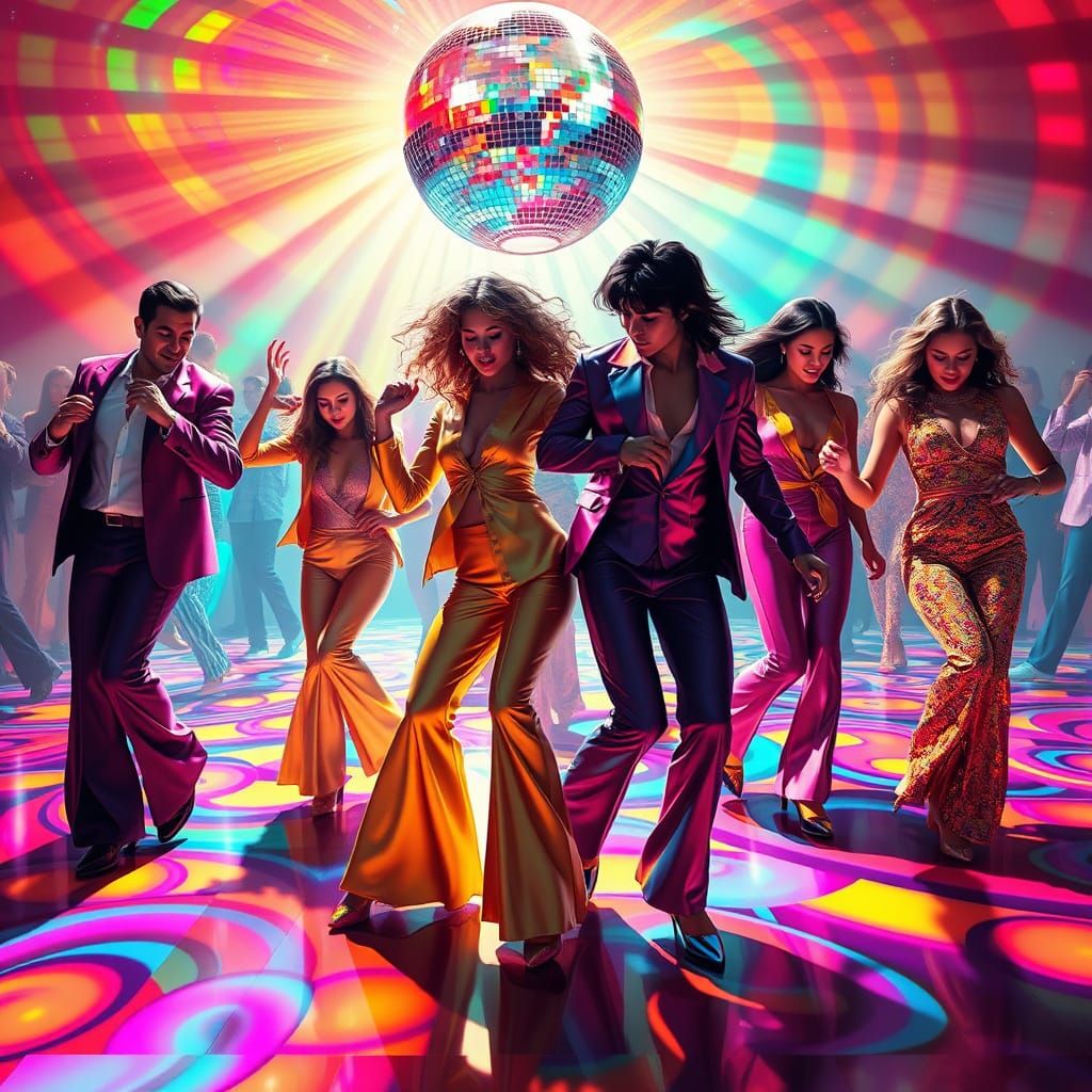 disco dancers in bell bottom pants on a colorful dance floor with a disco ball  by @undefined