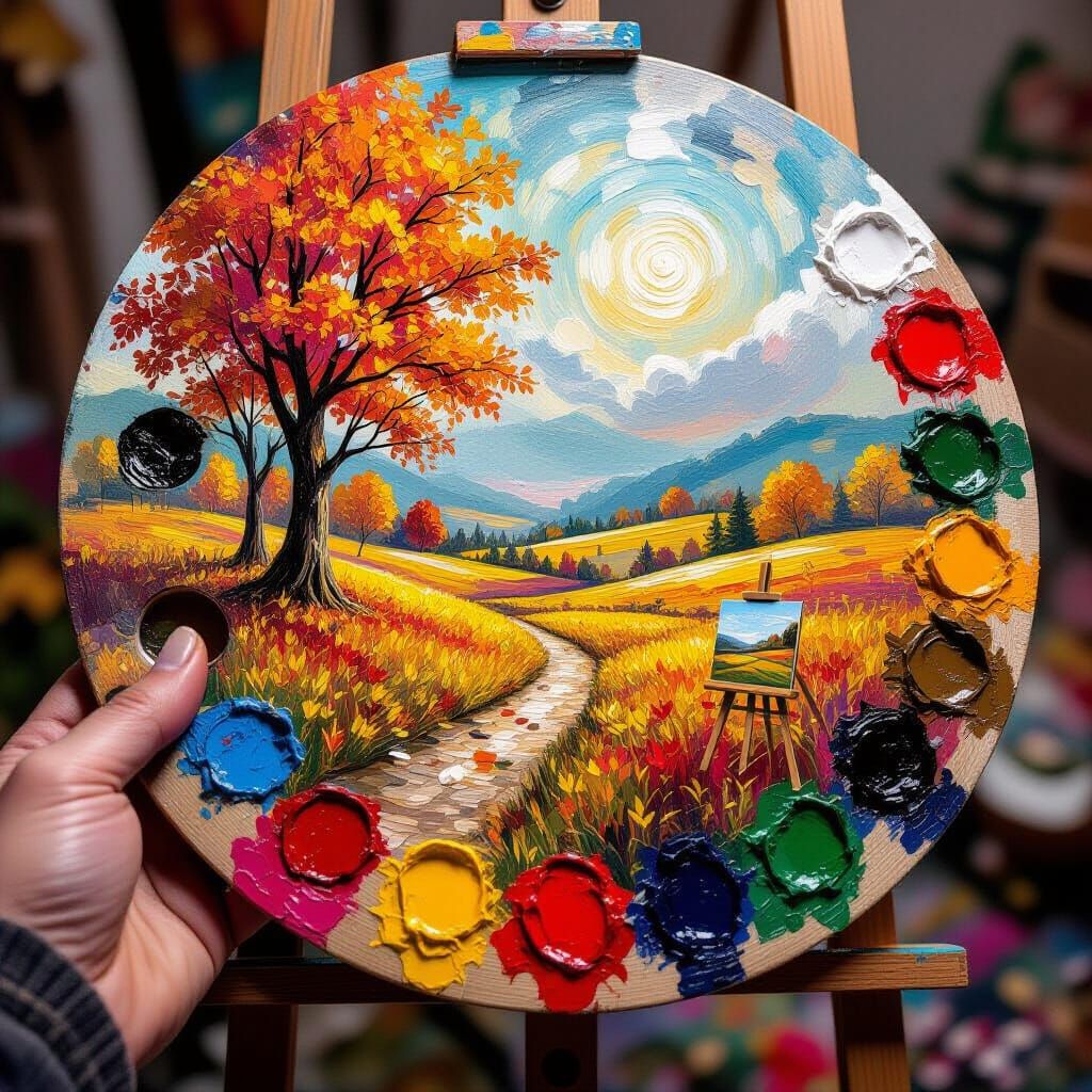 A detailed close-up image of a hand holding a painter's palette. Worn from use, the palette has a tableau that could only hail from an imagi...