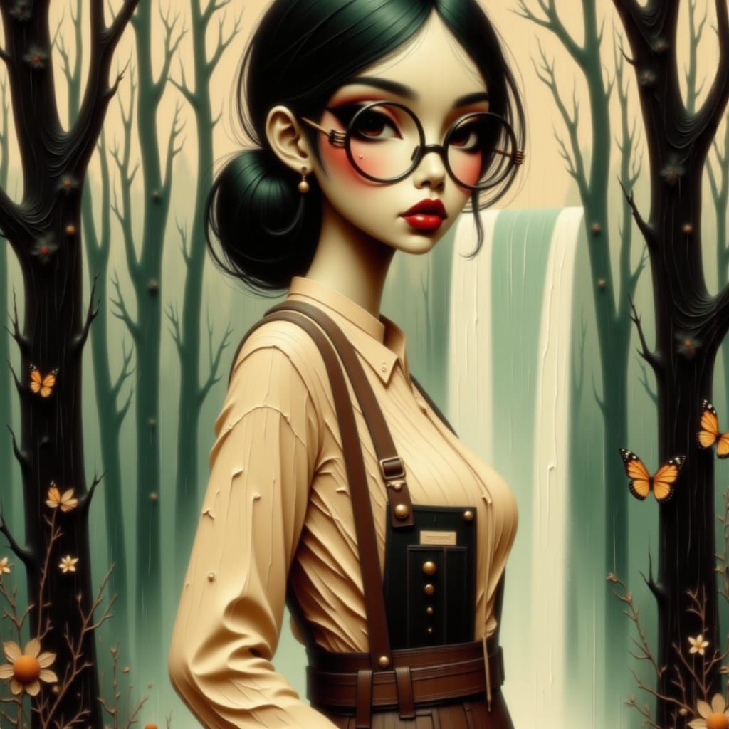 <lora:Nerd Couture:1.0> Academic MuseElegant Nerd Couture goddess, oversized round nerdy glasses, soft freckles across nose, tailored overal...