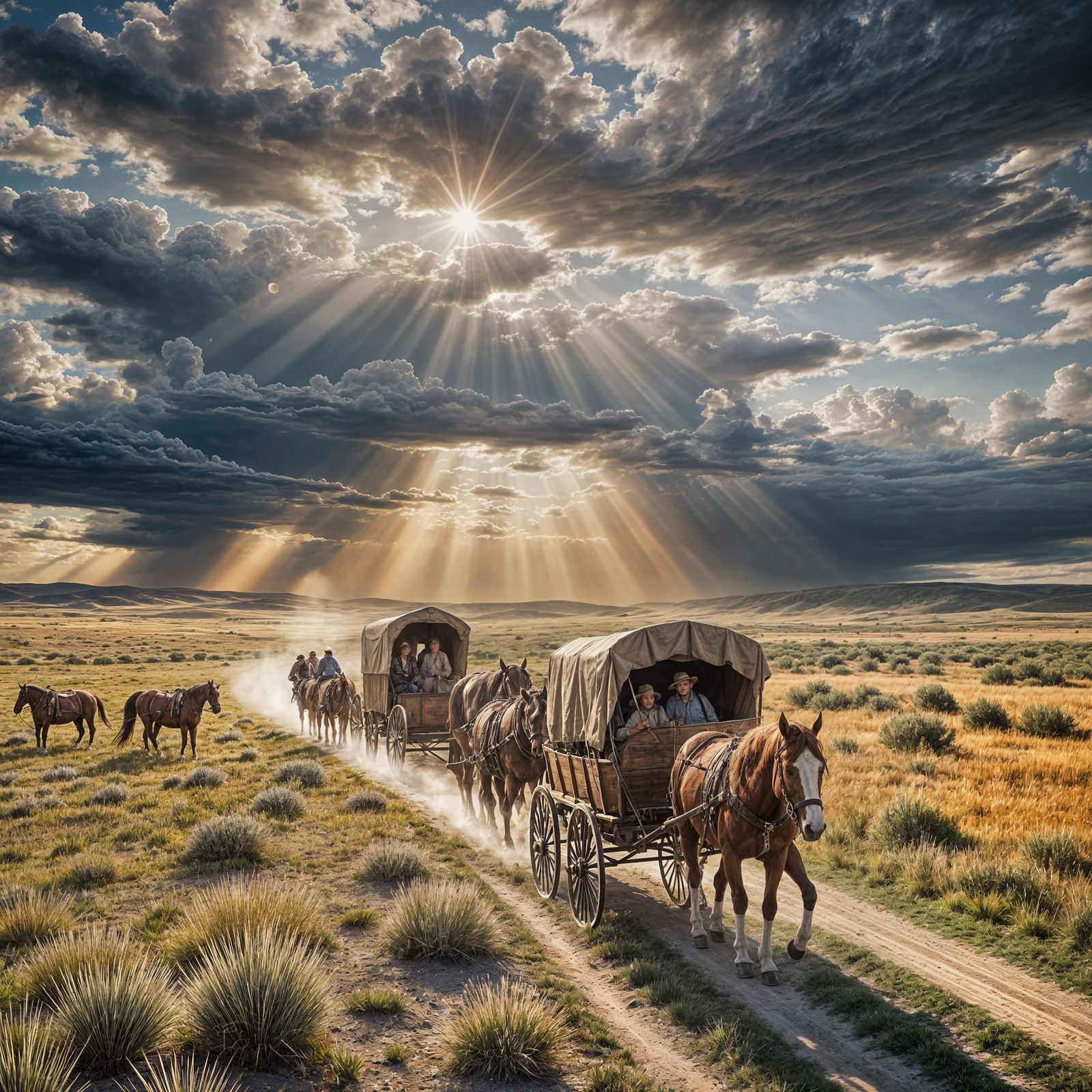 A covered wagon pulled by horses trekking across the prairie, photo realistic,   by @Tilted25