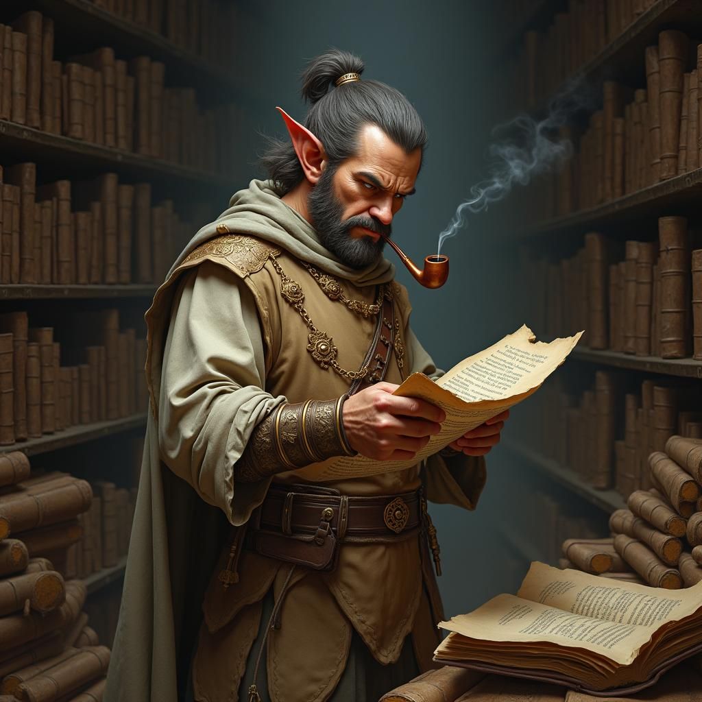 A grown up and mature male and very short halfling rogue in his mid-twenties stands in a dimly lit archive room, his sharp eyes carefully sc...