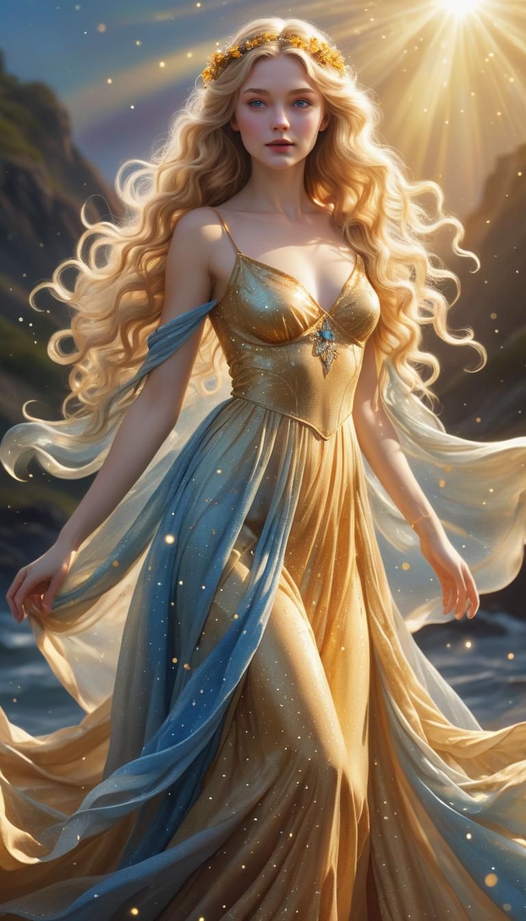 Briar Rose Aurora - Dreamy Sun Goddess: adult woman Aurora in a golden gown  with small blue dots that captures the essence of a sunrise. The... - AI  Generated Artwork - NightCafe Creator