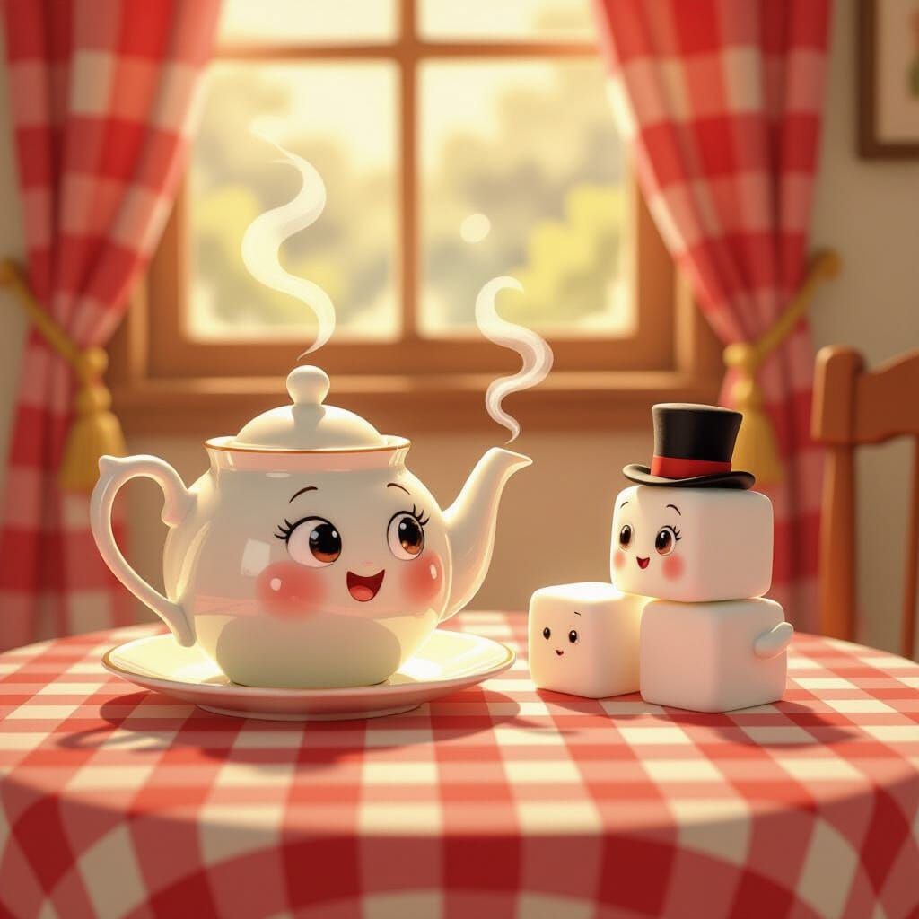 Sentient Teapot and Sugar Cubes on Tablecloth
