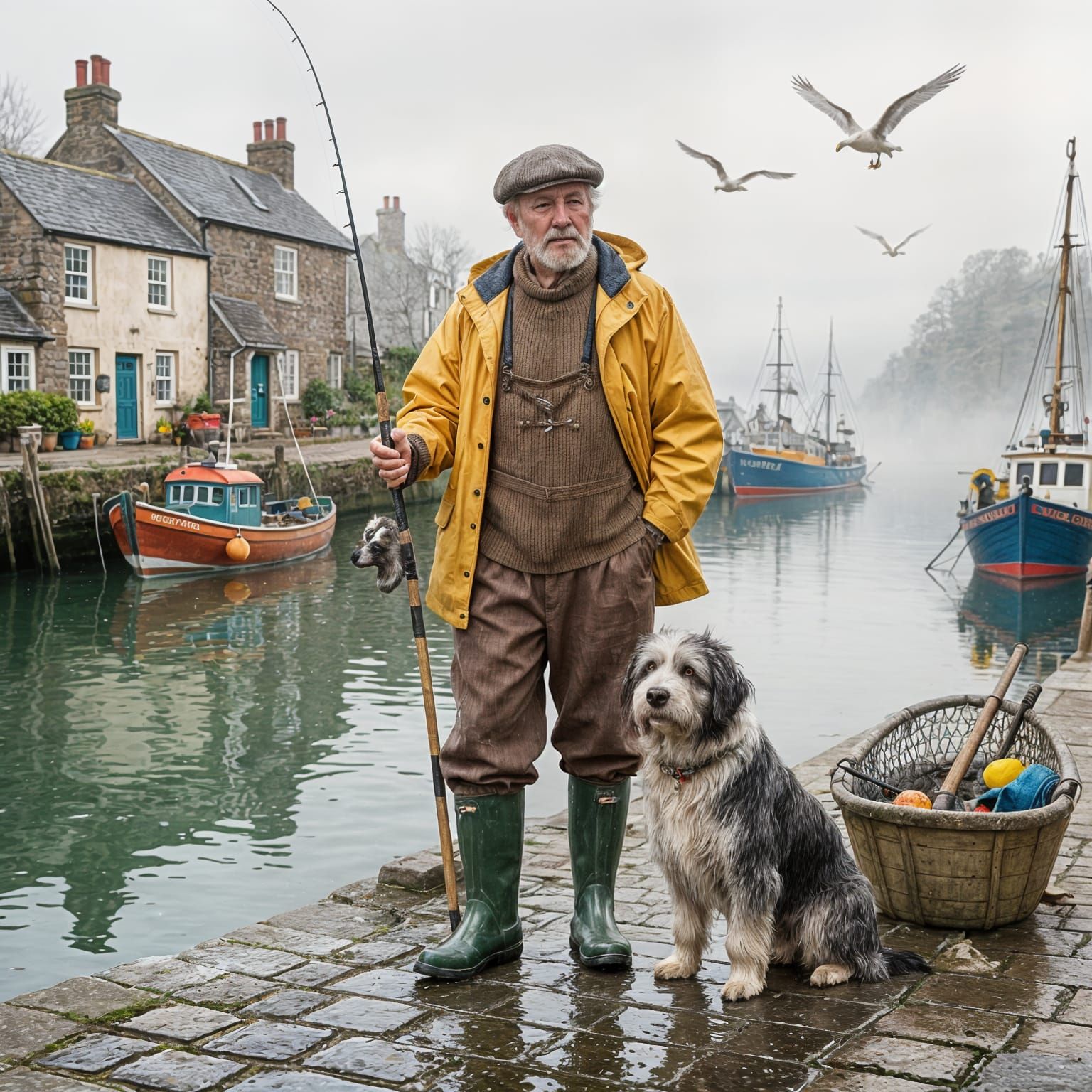 Elderly Fisherman and Dog in British Village
