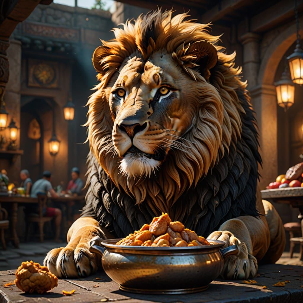 Vibrant Lion Devours Chicken in Golden Hues