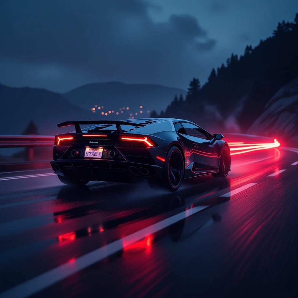 Black Lamborghini Speeds on Wet Road at Night