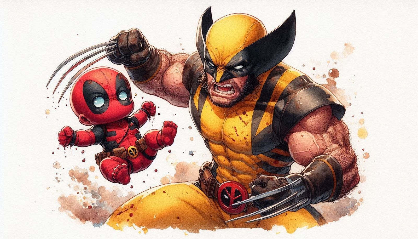 Baby Deadpool annoying Wolverine.