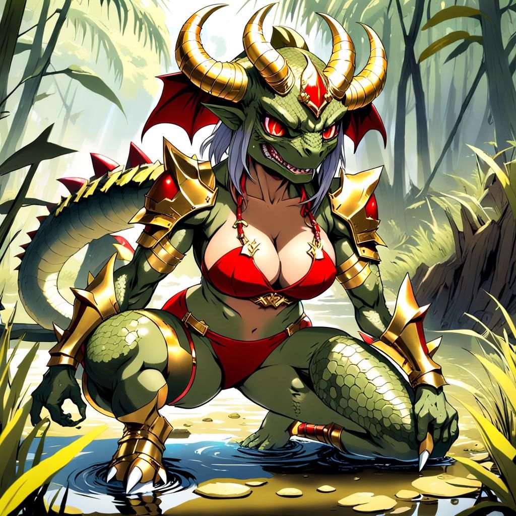 A muscle lizardman girl on the swamp