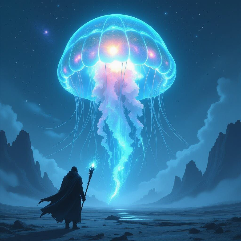 Cyberpunk Wanderer Gazing at Bioluminescent Jellyfish
