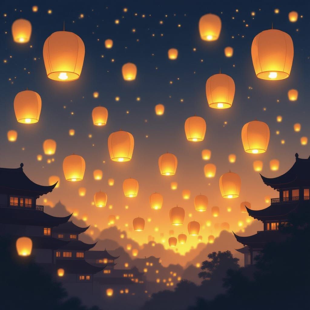  Sky filled with flying lanterns, soft golden haze