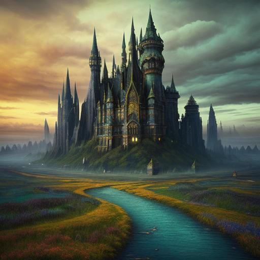 Fictional City with Towering Spires in Matte Painting