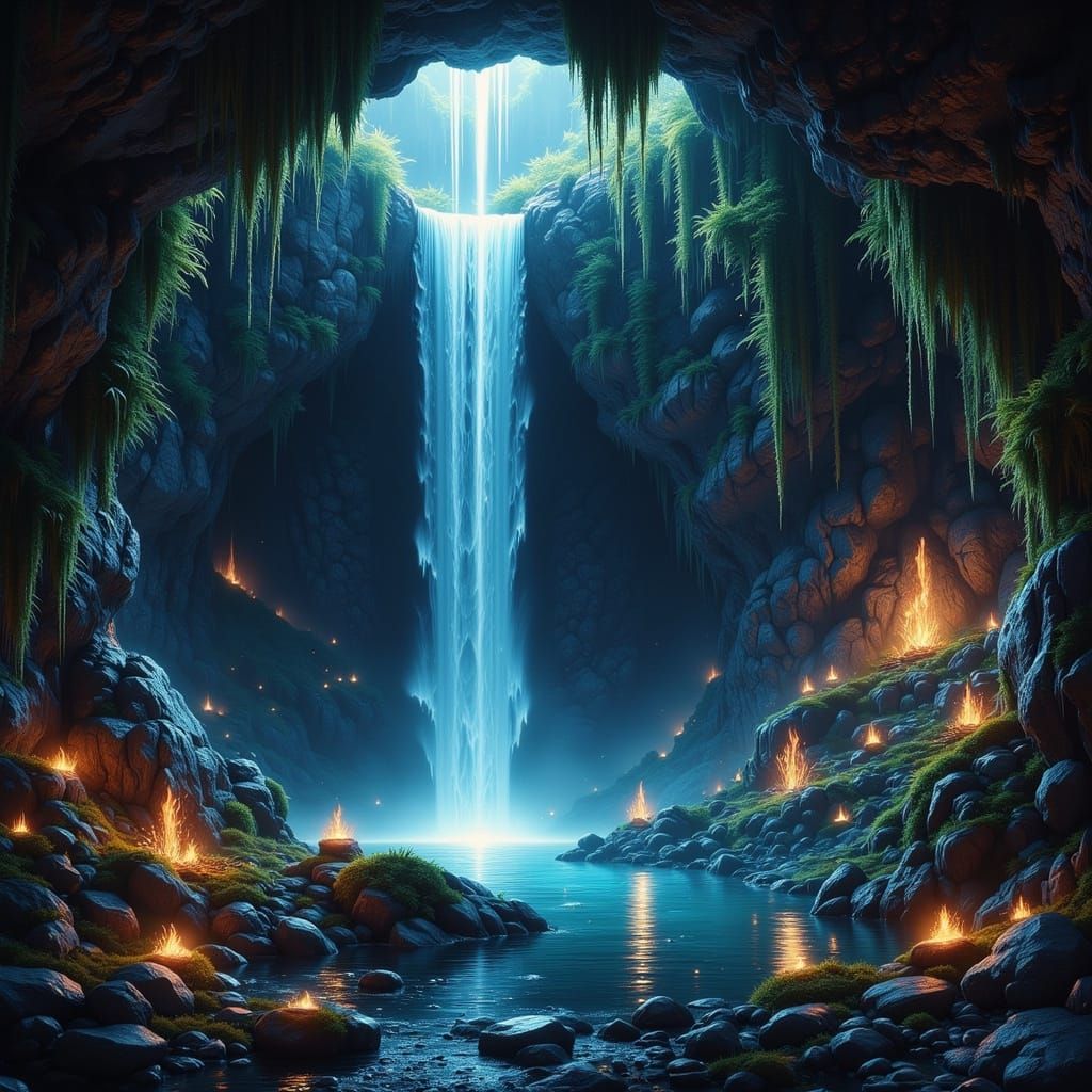 Mysterious Waterfall Grotto with Bioluminescent Flora
