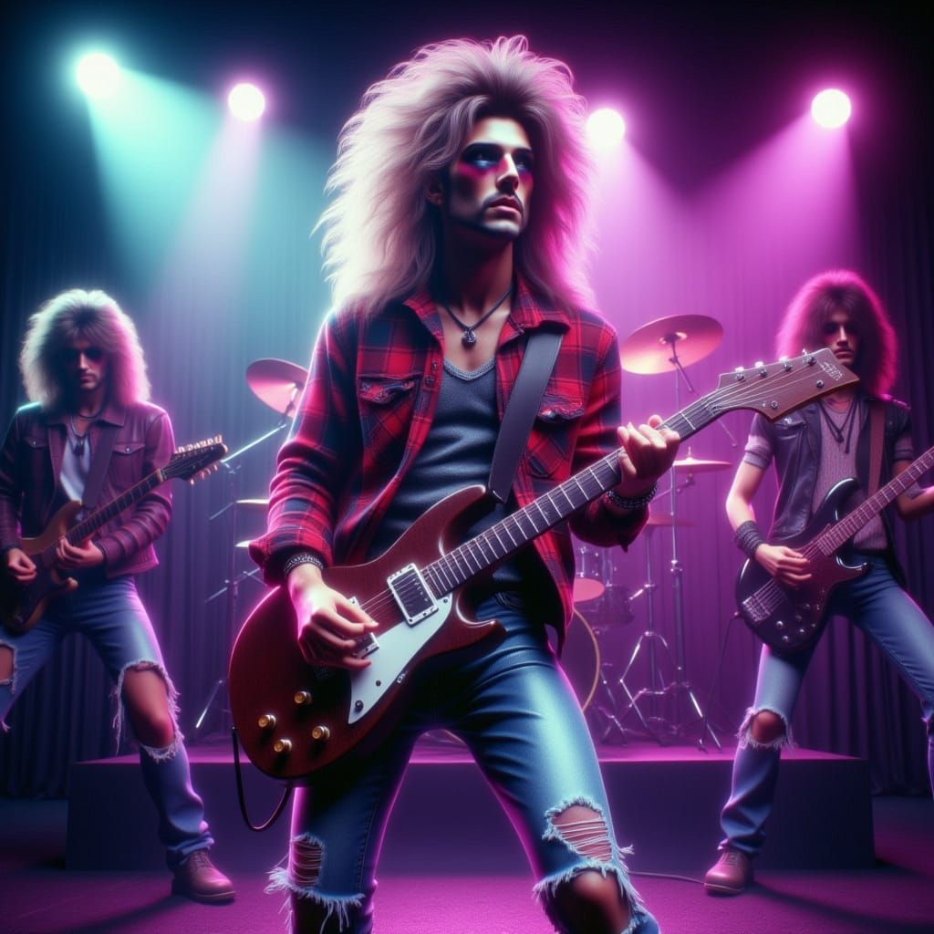 <lora:Rock Star:1.0> Hiroshi Nagai style Vaporwave image, featuring grungy rockstars performing on stage, an energetic male lead singer with...