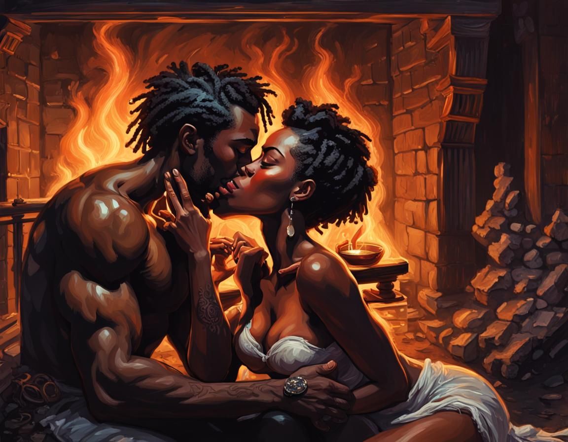 Two black lovers kissing by a roaring fireplace, in the styl...