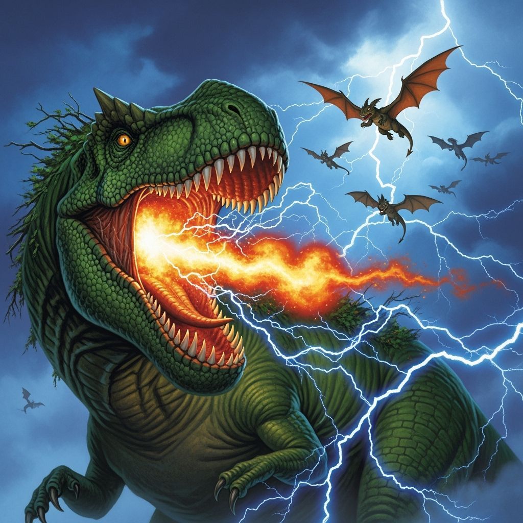 Colossal Green Dinosaur Breathes Fire and Lightning