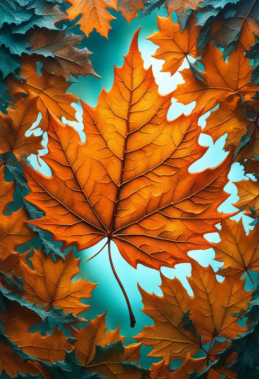 Orange Leafy art  Carved INside a mapple Leaf Double Exposur...