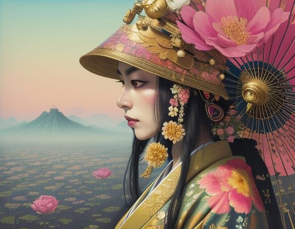 Surreal Geisha in Vibrant Floral Landscape