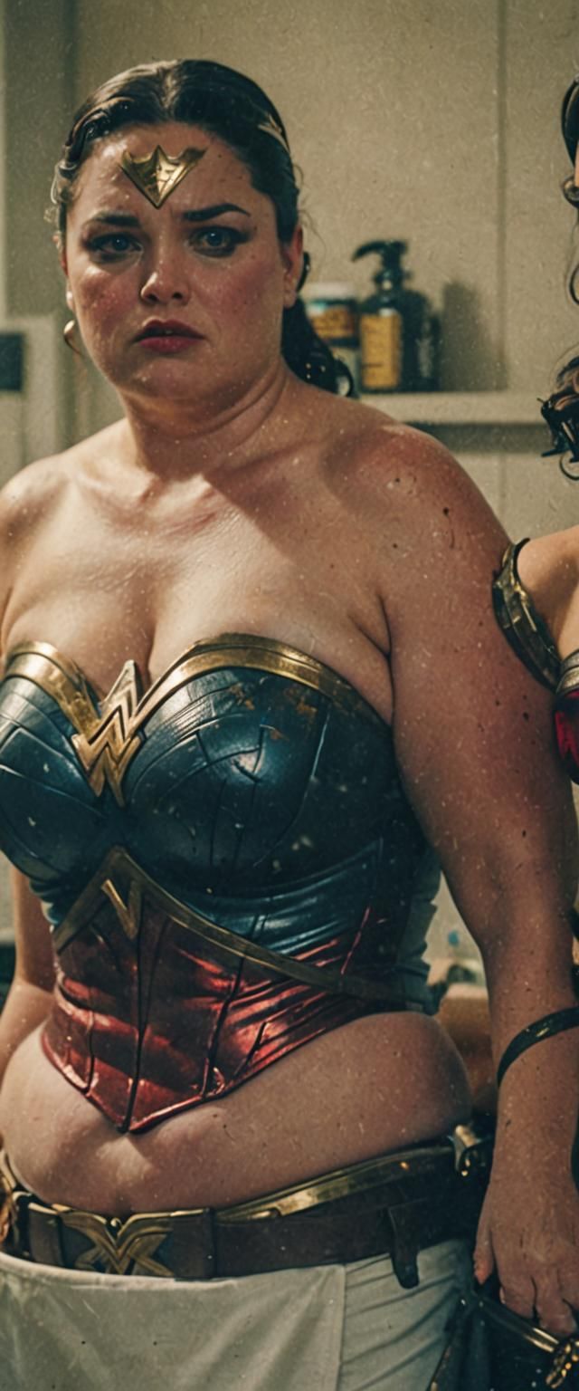 tall chubby wonderwoman with strapless bustier in the bathro...