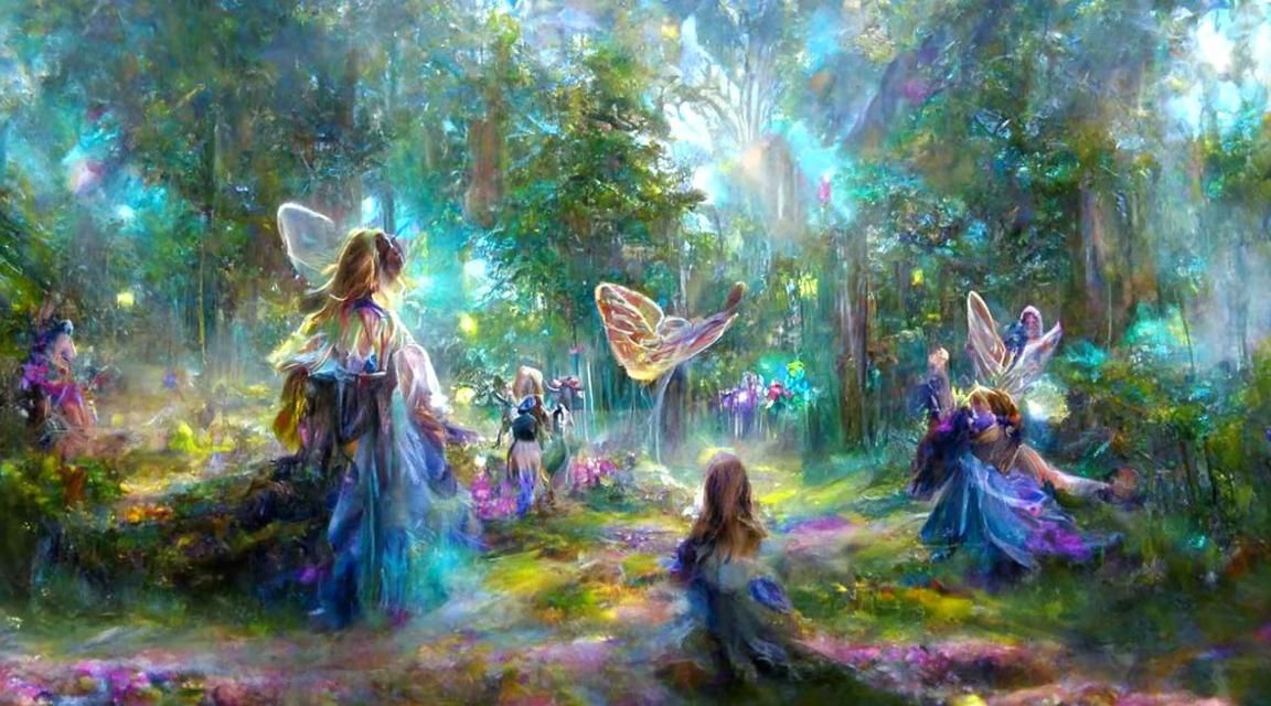 Magical Forest Gathering: Butterfly Girls, Oil Painting