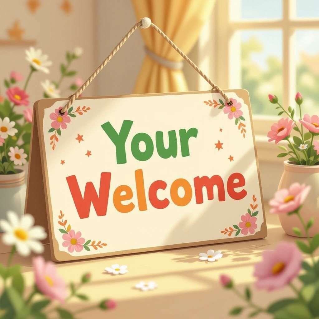 Cute Cartoon Sign "Your Welcome" with Pastel Decorations