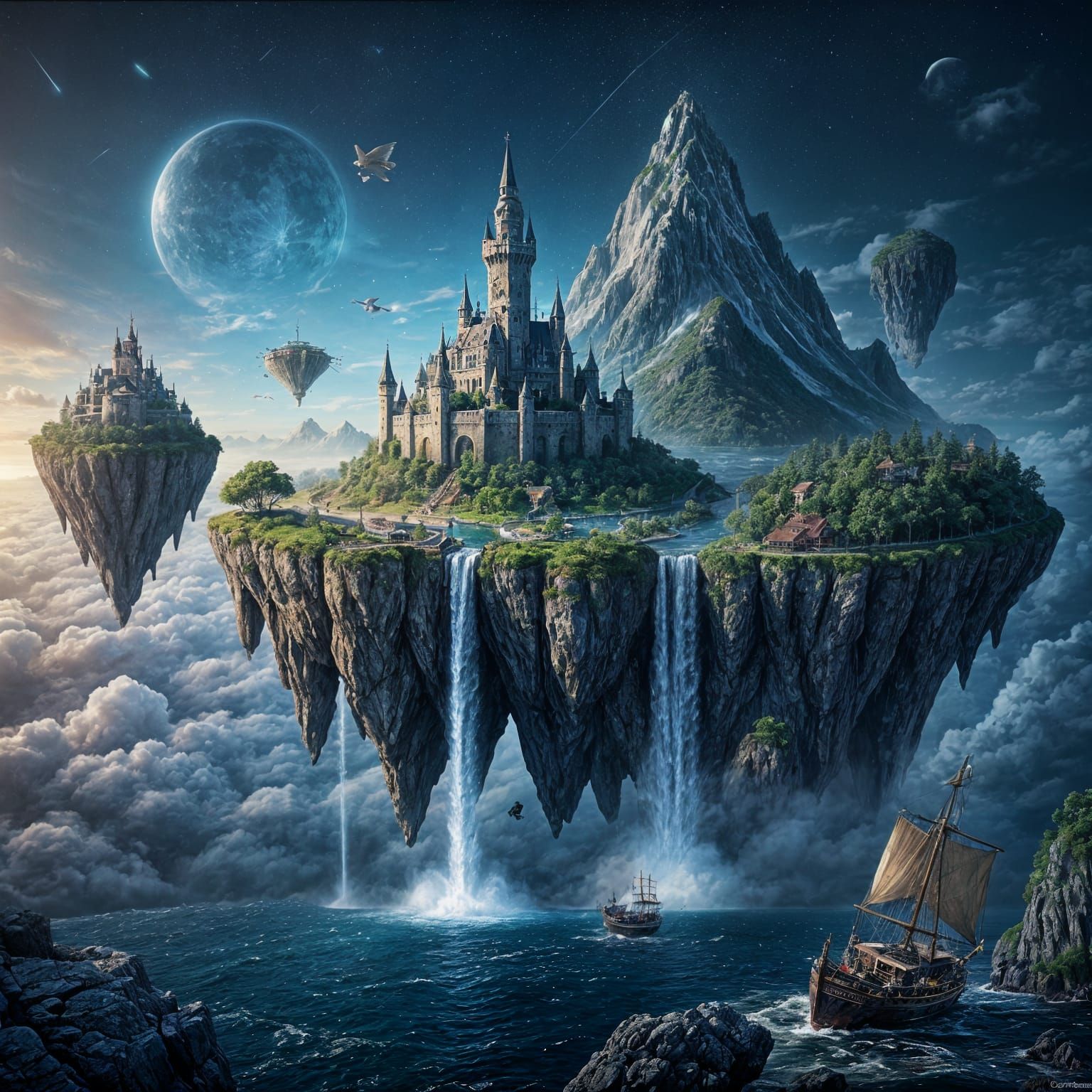 There are three flying islands in the sky. On one there is a castle, on the second there is a mountain ...  by @Likvi