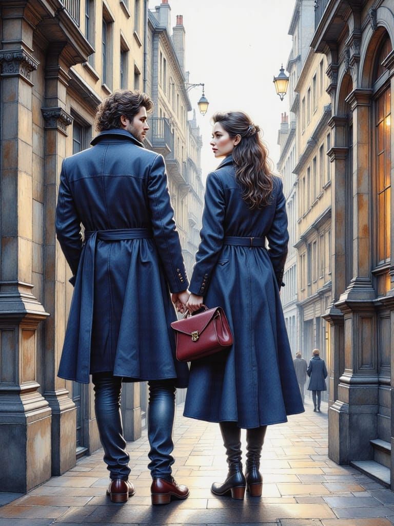 Anime Couple in Trenchcoats Before Gothic Cathedral