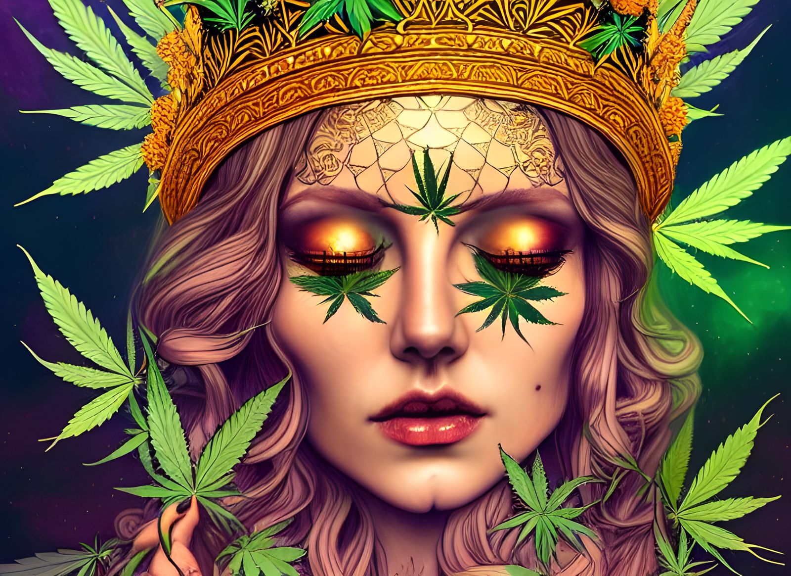 Golden Goddess in Marijuana Field, Detailed Matte Painting