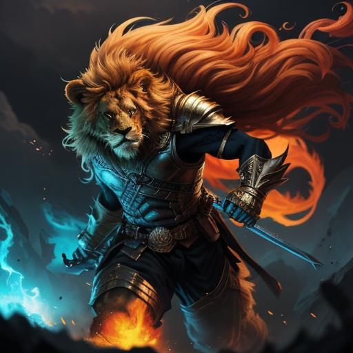 A fantasy card game illustration of an angry lion with glowi...