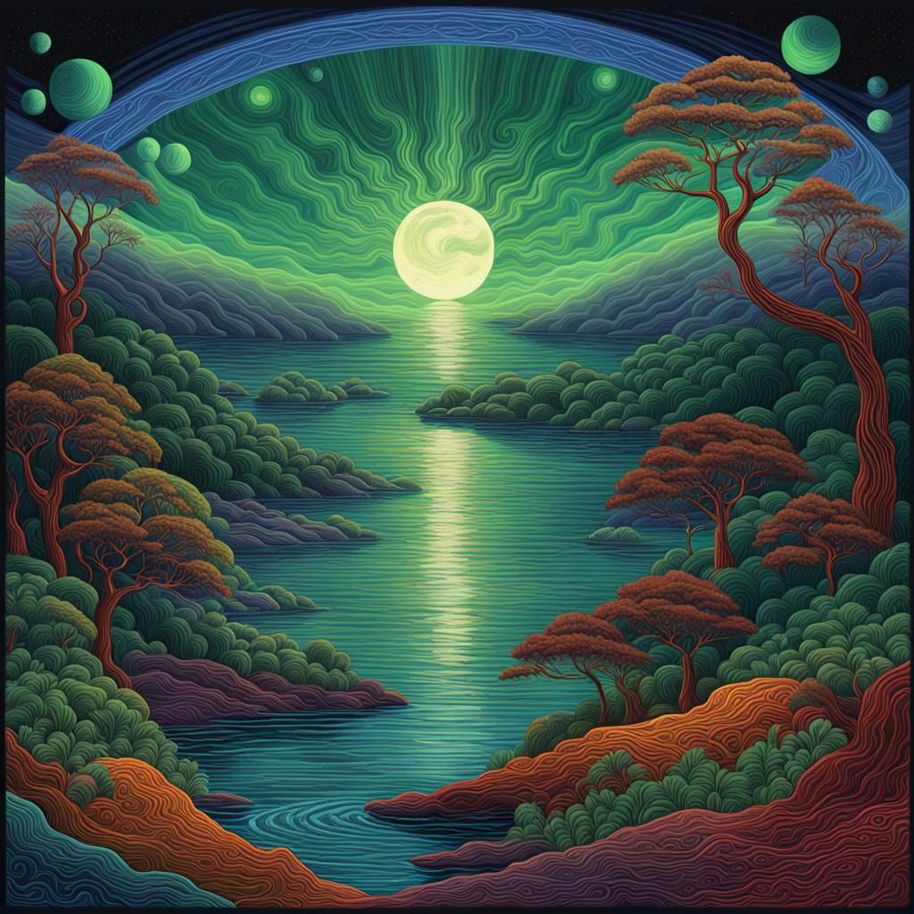 Rotoscoped Alex Grey style  Dreamtime moonlight , rainforest...