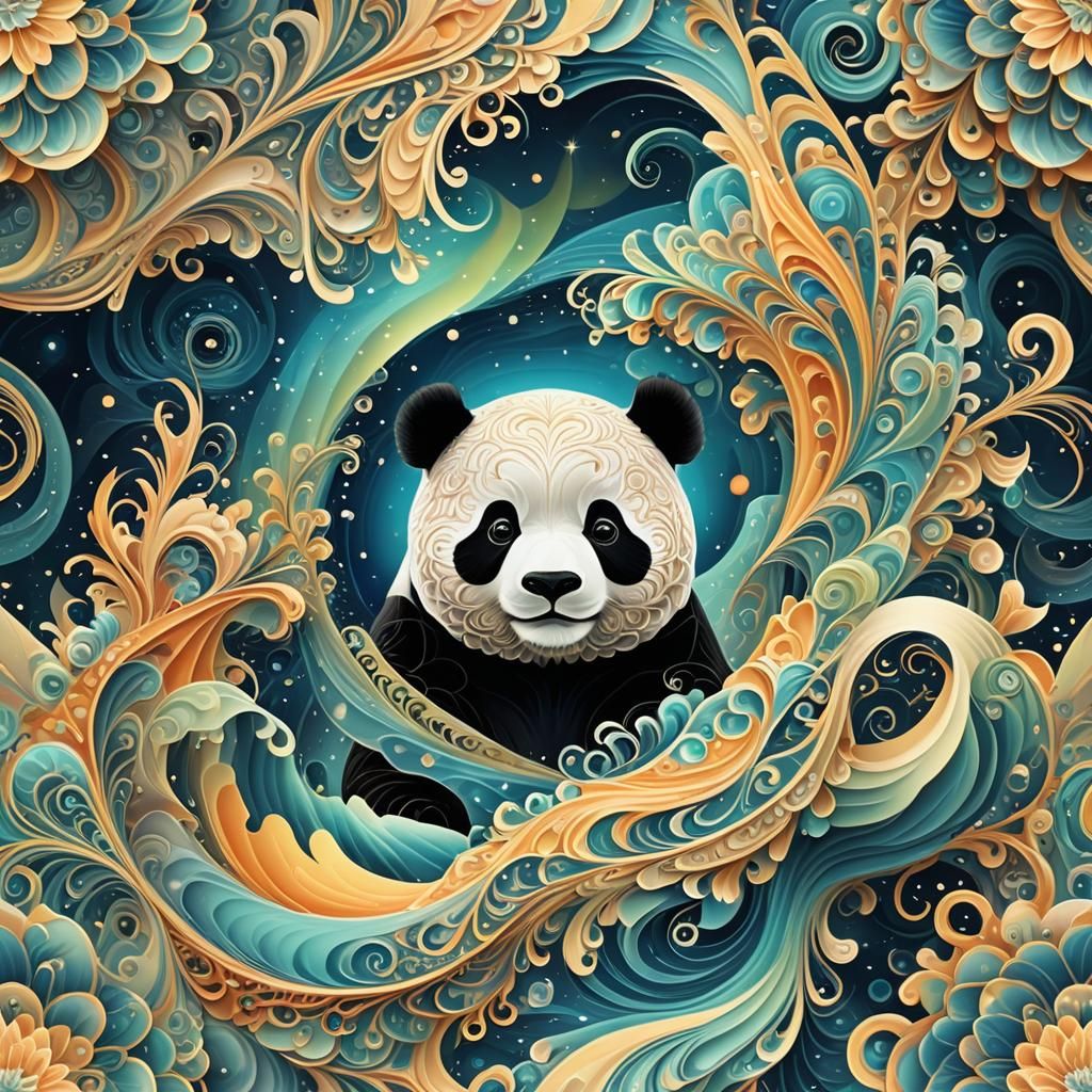 Panda Surrounded by Abstract Fractal Patterns