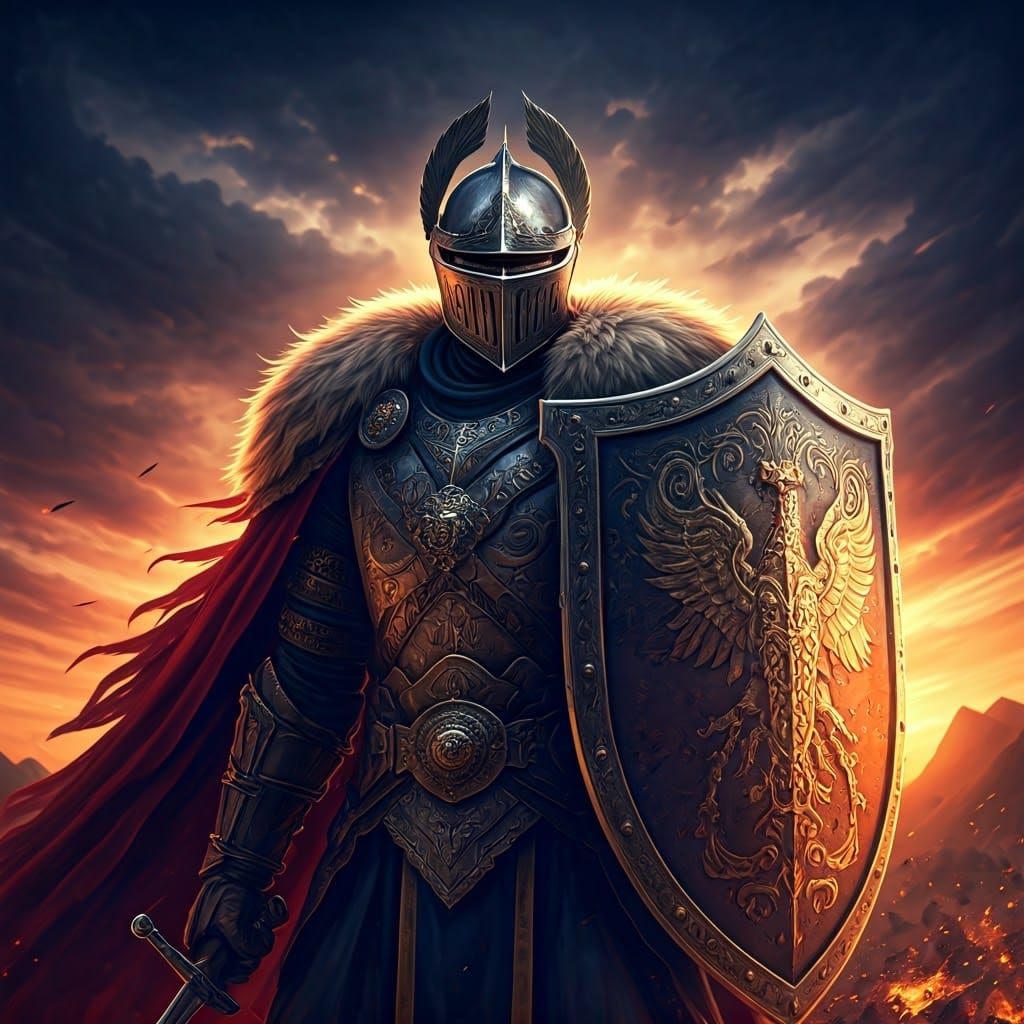 the knight's shield reflects a fierce battle