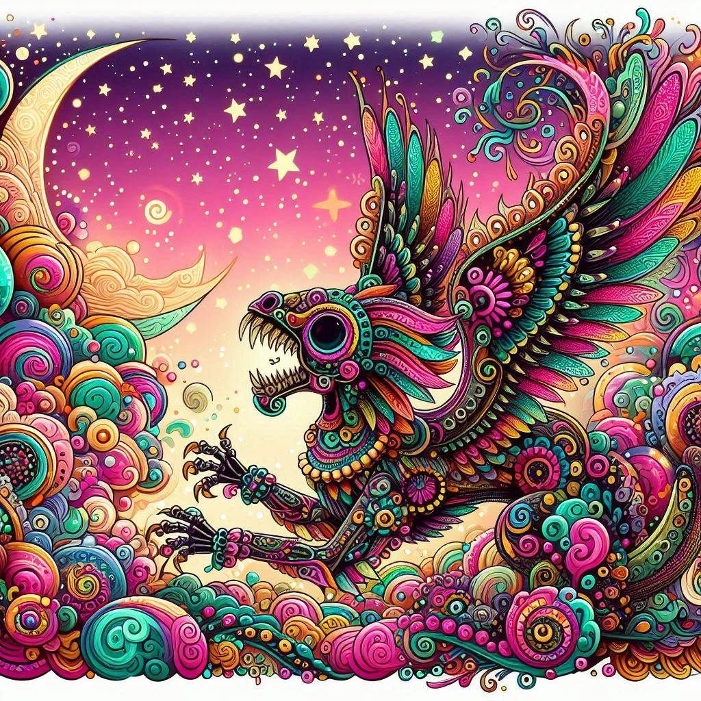 A whimsical goth Quetzalcoatl adorned with intricate, colorful details, presented in a vibrant cutecore aesthetic. The scene is richly detai...