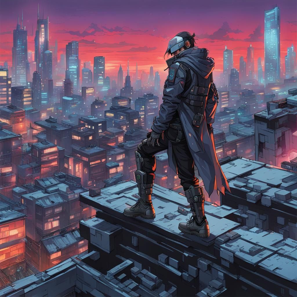 A Cyborg Assasin on a rooftop of a cyberpunk neo Tokyo in the style of ...