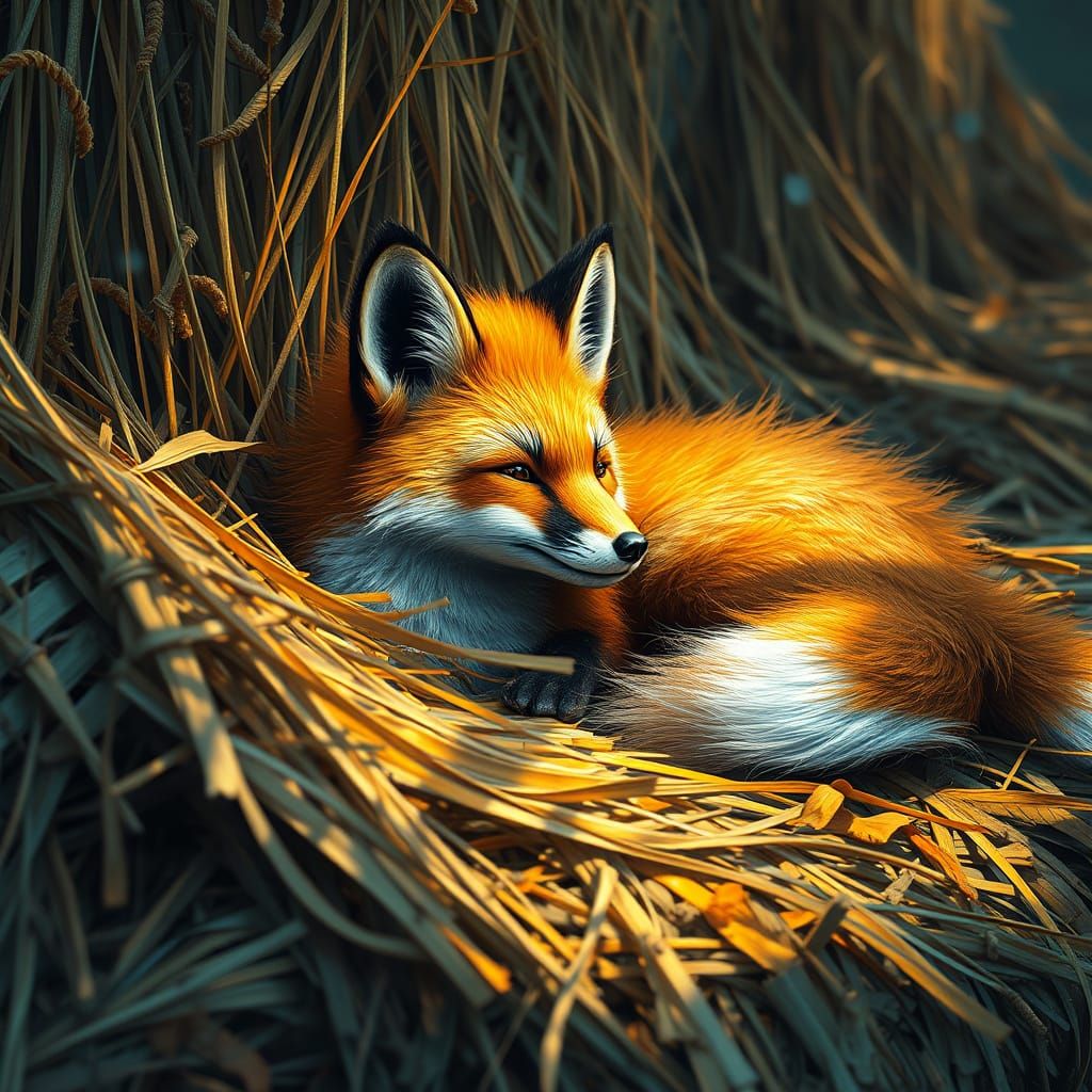 Frizzy fox relaxing in a haystack, quiet day on the farm  by @Rabbid