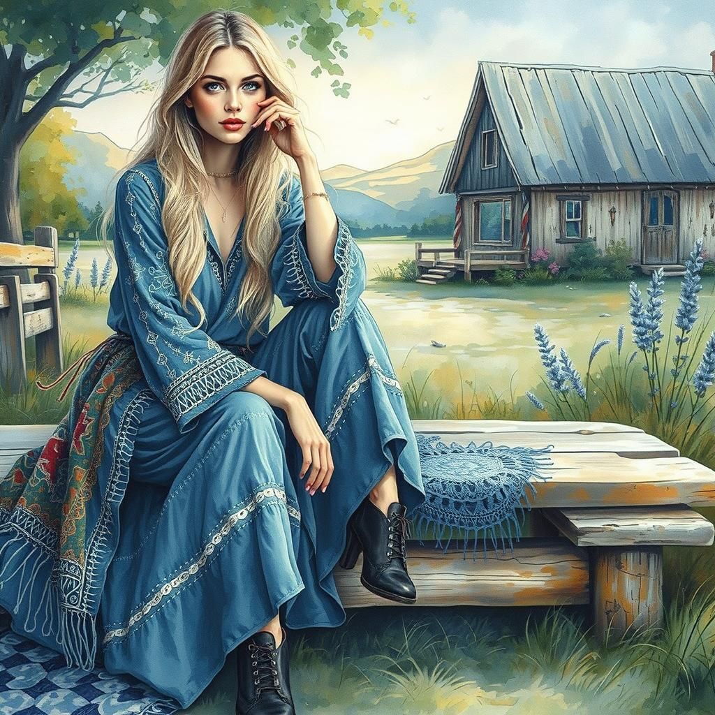a stunning woman, blond hair, boho style blue clothes,