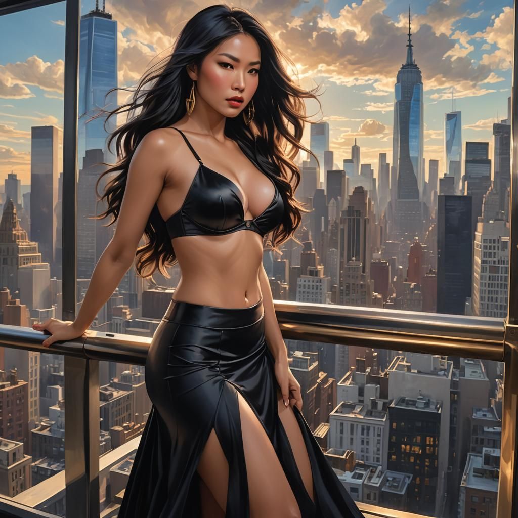 Elegant Asian Woman in Penthouse, Hyperdetailed Portrait