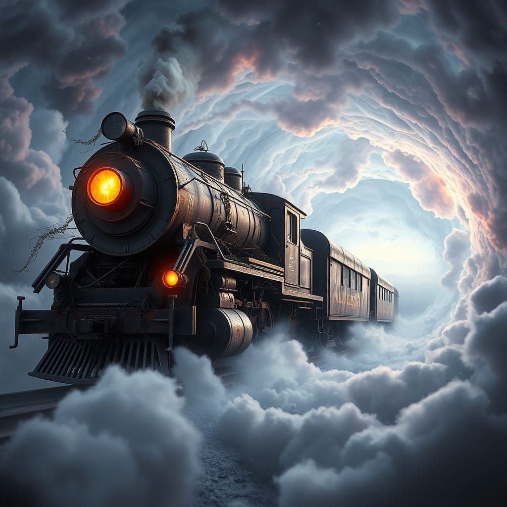 Old train navigating through a time-space vortex, gliding among swirling clouds, sharp focus on the locomotive, clouds rendered with extreme...
