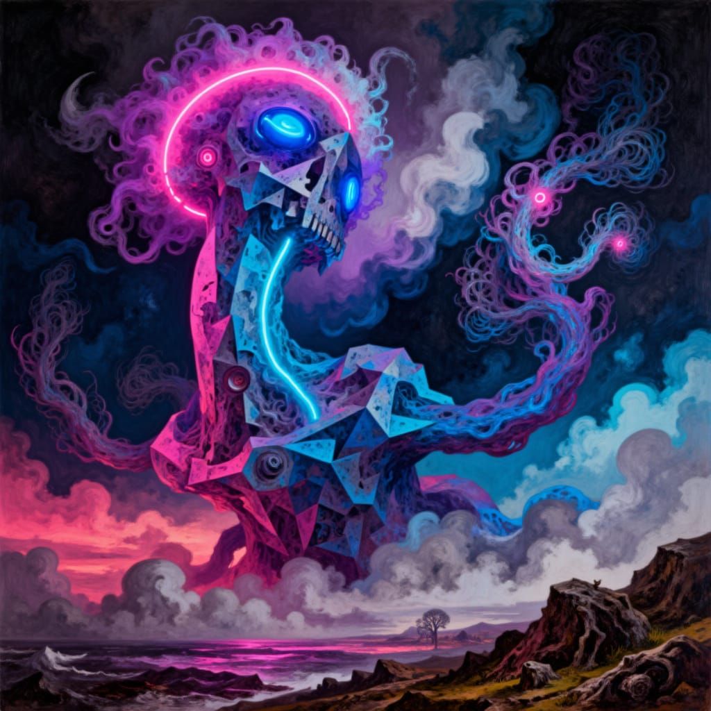 <lora:Abstract Maniac:1.0> A colossal, ancient entity with eyes like dying stars drifts through the void between galaxies. Its form is a swi...