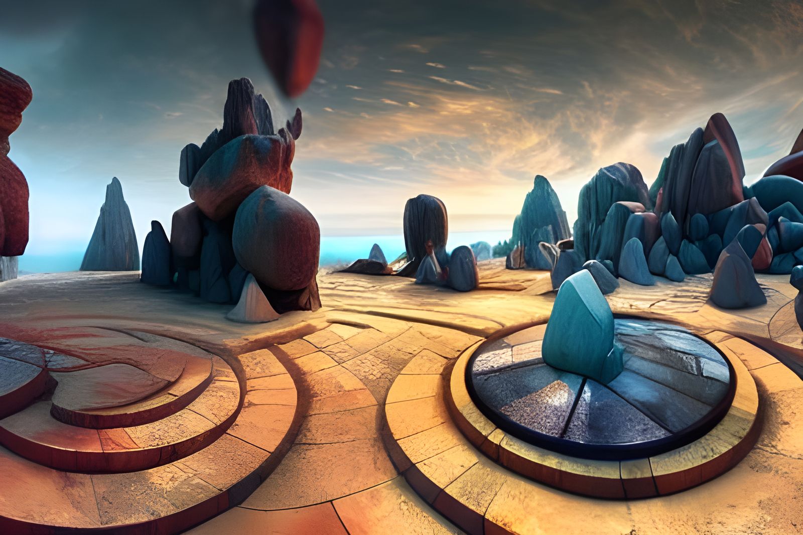 Expansive labyrinth built from carved orange crystal stone a...