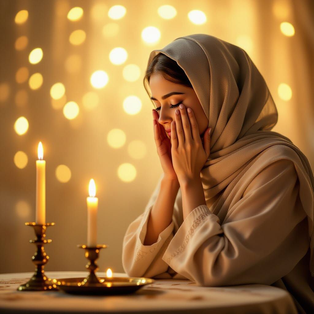 Jewish Woman Lighting Shabbat Candles in Prayer