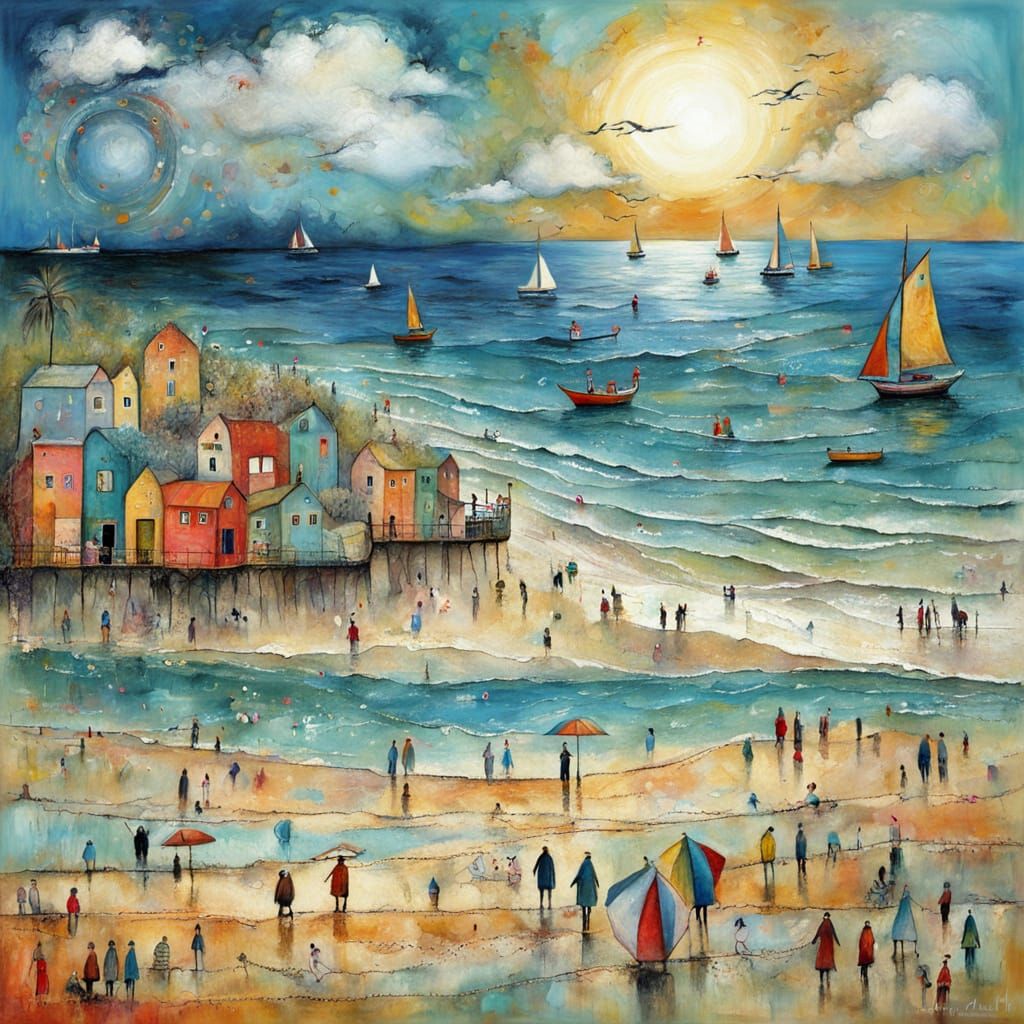 Air-brushed beach scene, tribal, primative, naive, Anna Silivonchik, Sam Toft, Stewart Edmondson, Jeremy ...  by @MrKitWalker