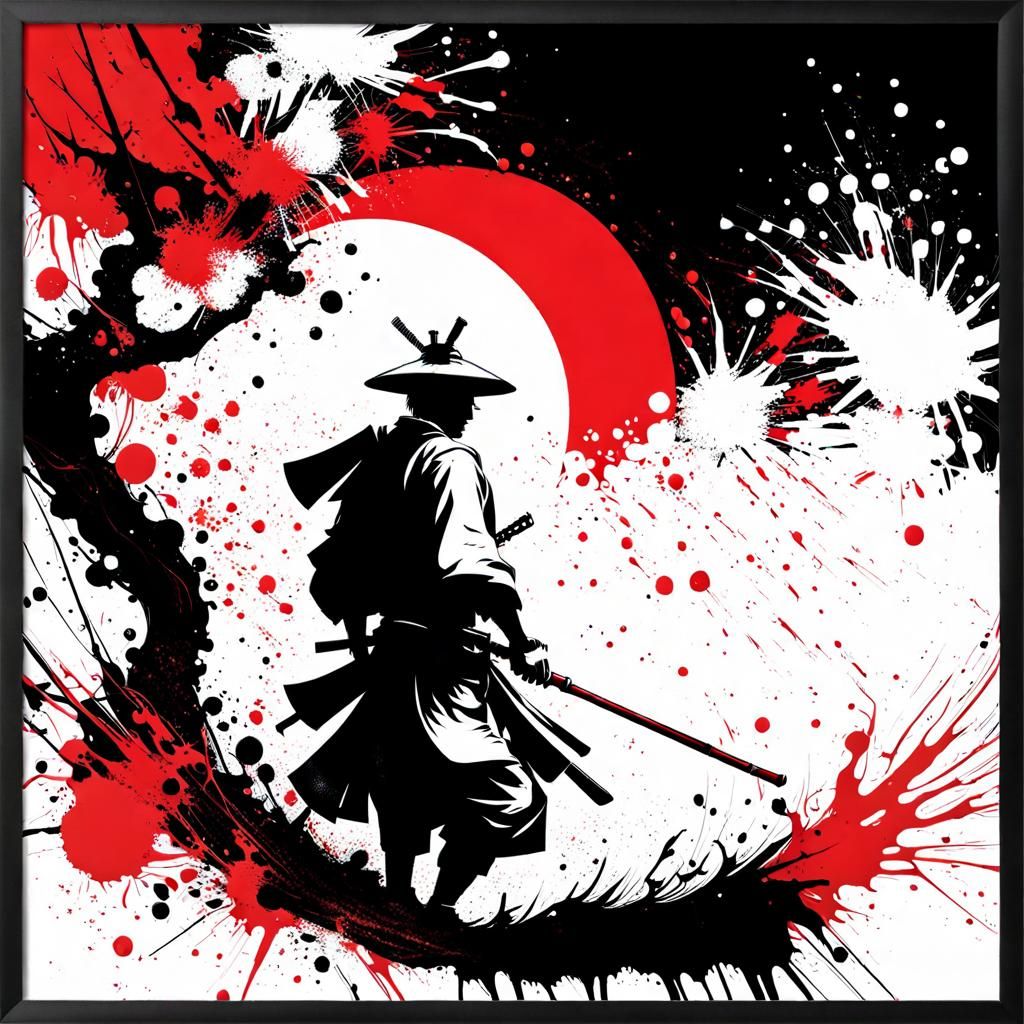 ink splatter art, samurai, only 1 katana, white black and red  by @KANNA-CHAN